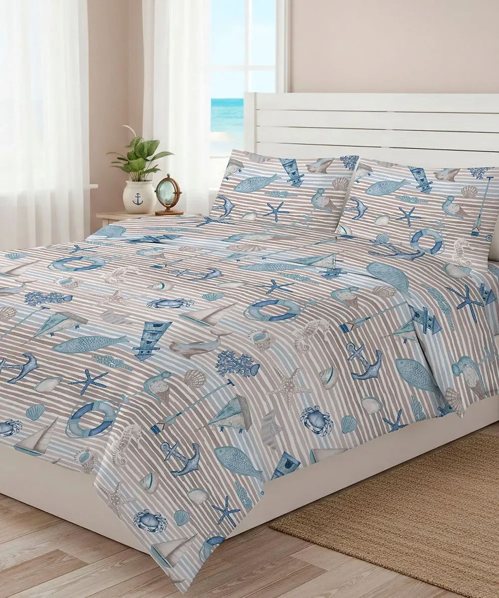 Parure Copripiumino Mare Beige con conchiglie e ancore blu su righe beige - foto 1