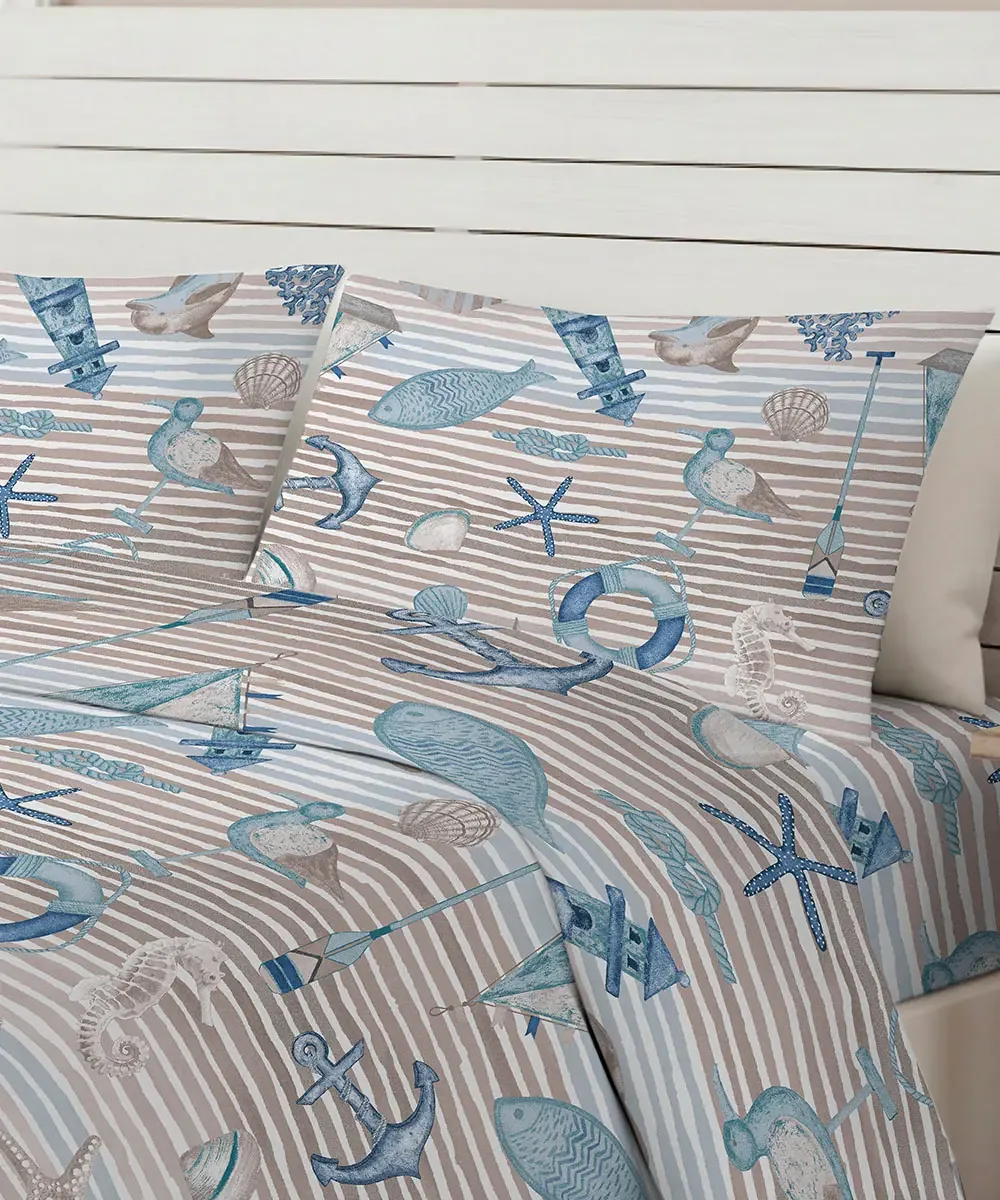 Parure Copripiumino Mare Beige con conchiglie e ancore blu su righe beige - foto 2