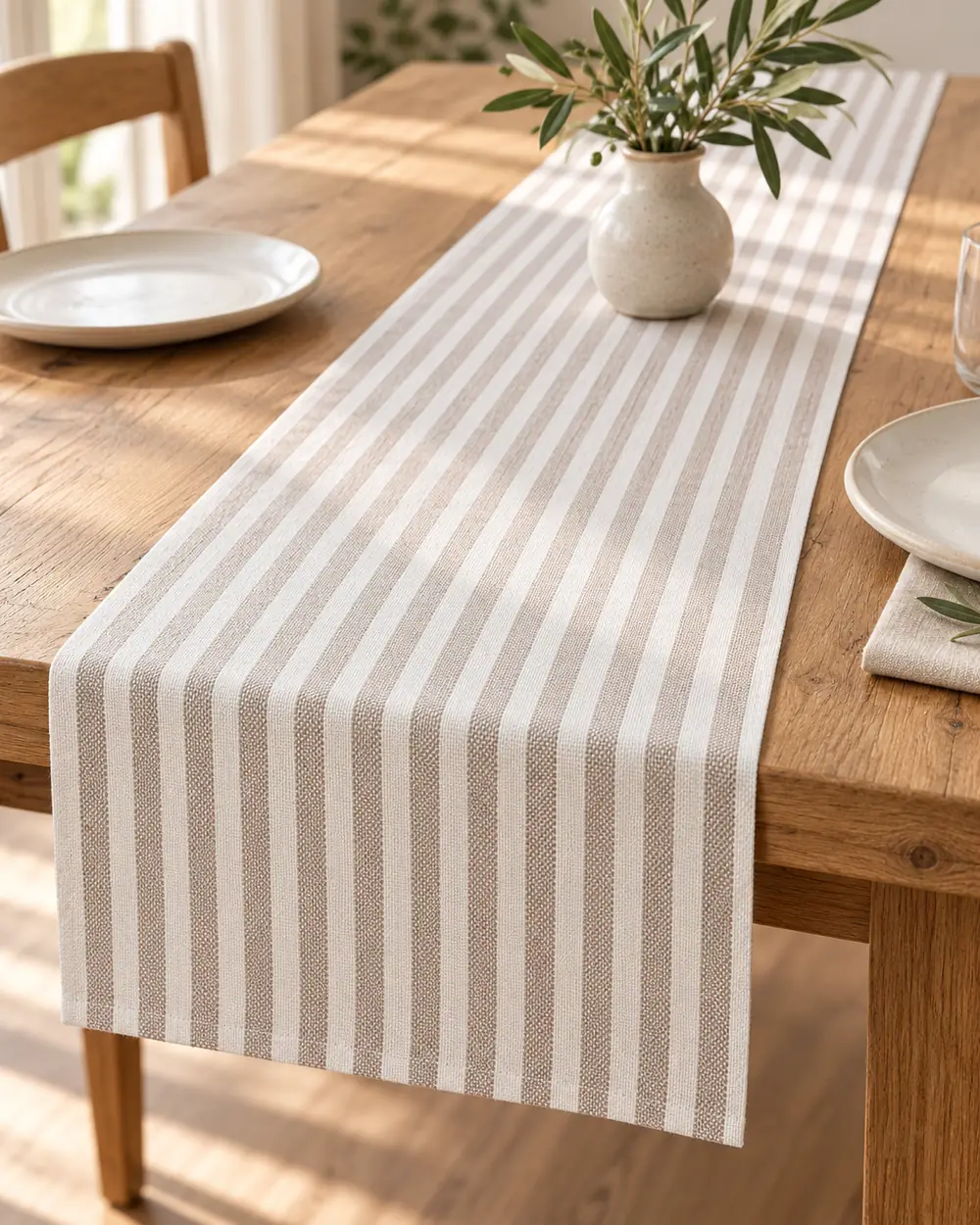 Runner Miros a bastoncini beige 45x140 cm su tavolo in legno con vaso di fiori