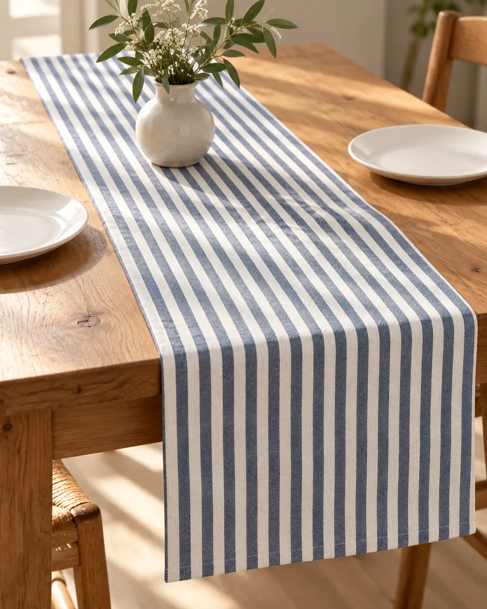 Runner Miros a bastoncini blu 45x140 cm su tavolo in legno con vaso di fiori