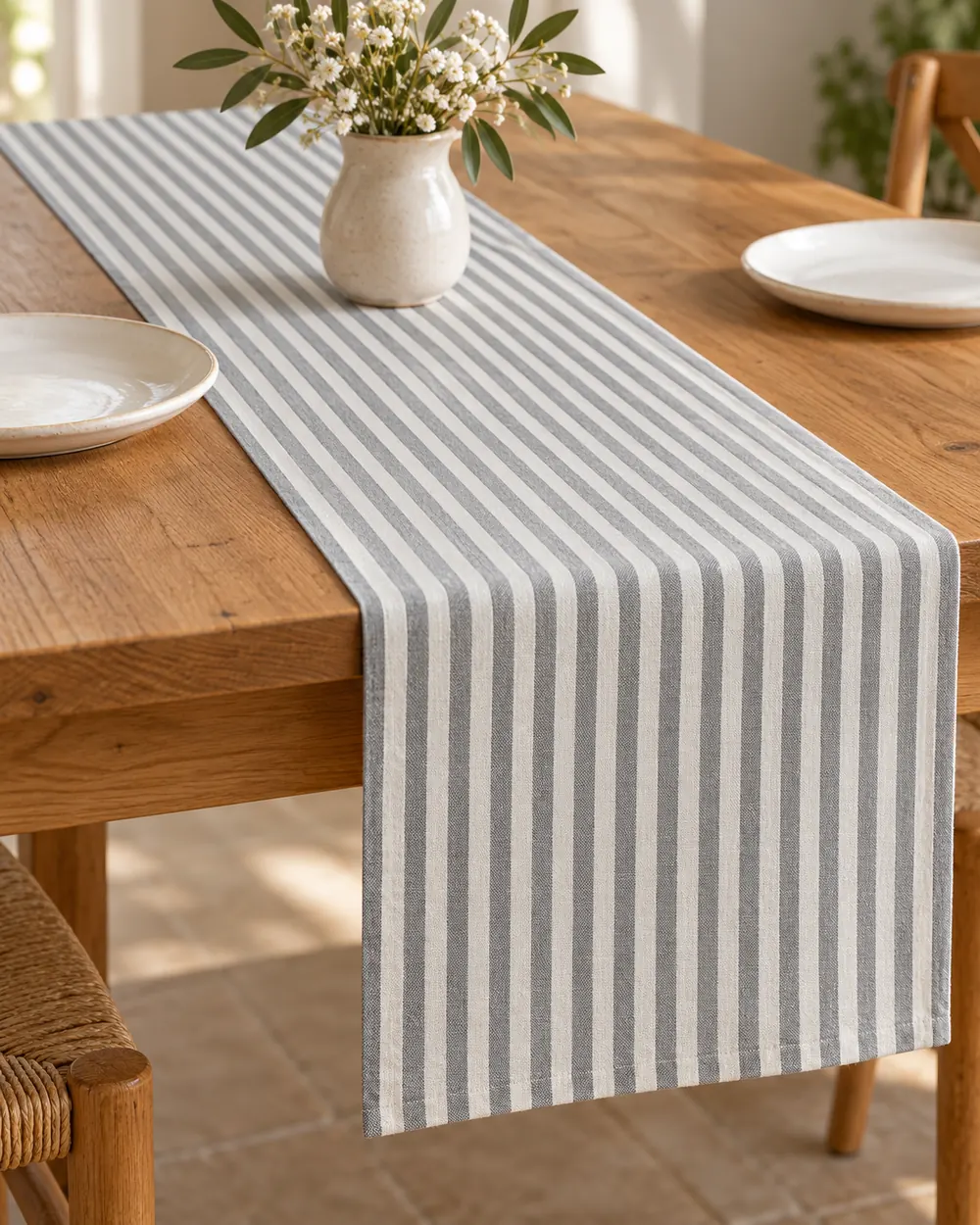 Runner Miros a bastoncini grigio 45x140 cm su tavolo in legno con vaso di fiori