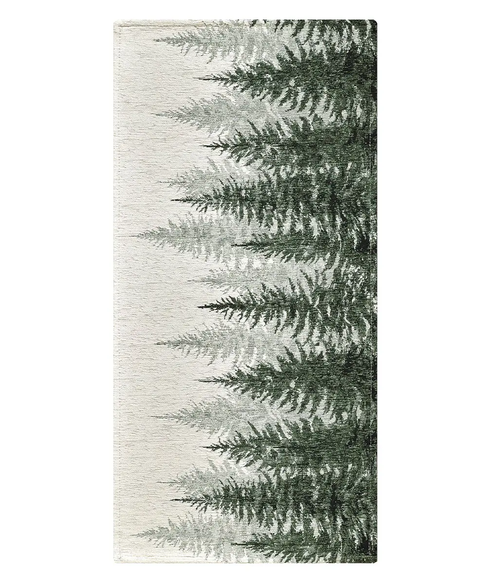 Tappeto abeti verde in ciniglia jacquard con foresta di abeti verde bosco su fondo crema
