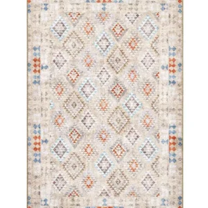 Tappeto Anatolia Kilim 01 stile kilim vintage a rombi in tonalità beige, azzurro e arancio, antiscivolo e lavabile