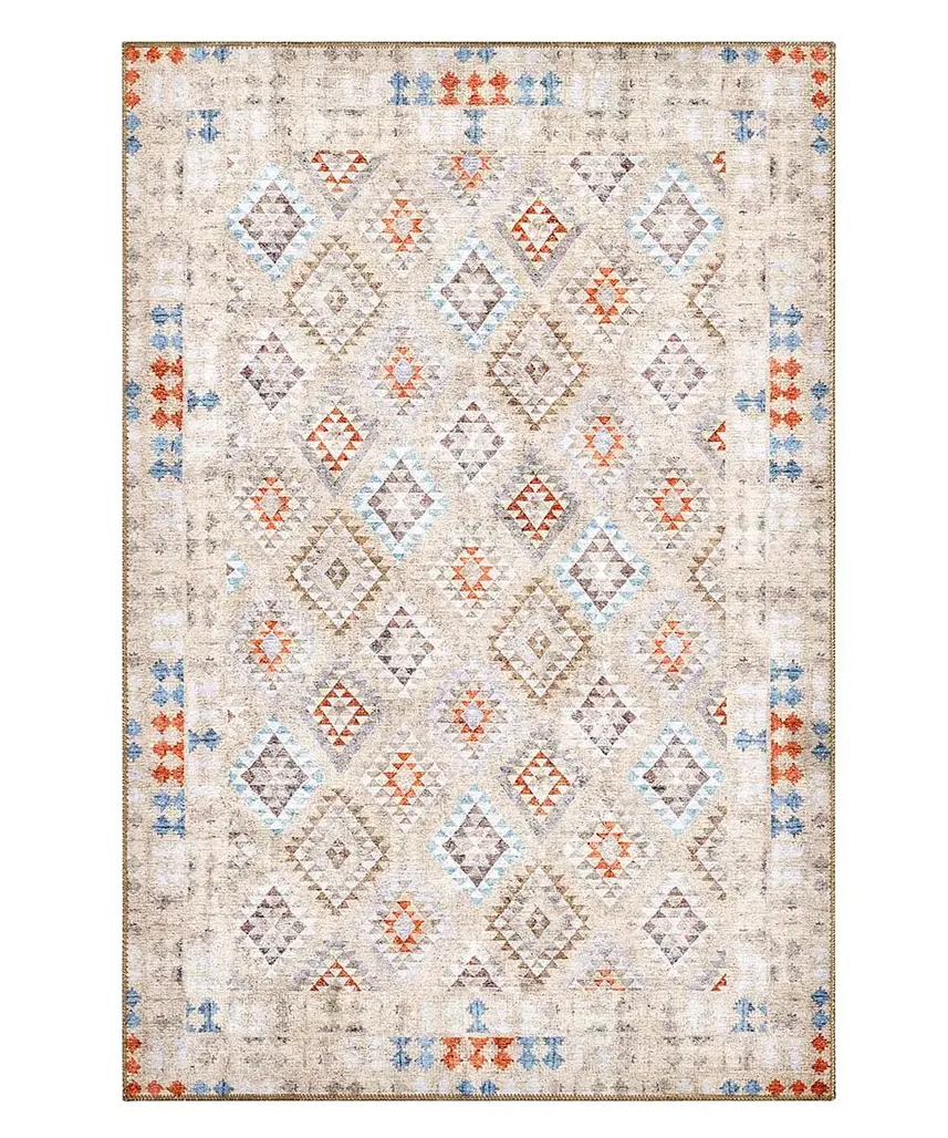 Tappeto Anatolia Kilim 01 stile kilim vintage a rombi in tonalità beige, azzurro e arancio, antiscivolo e lavabile