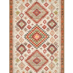 Tappeto Anatolia Kilim 02 stile kilim vintage con tre grandi medaglioni a rombo in rosso, beige e verde, antiscivolo e lavabile