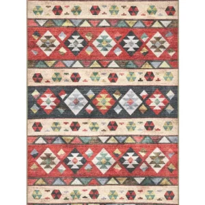 Tappeto Anatolia Kilim 03 stile kilim vintage a fasce orizzontali con rombi e triangoli in rosso, nero e crema, antiscivolo e lavabile