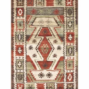 Tappeto Anatolia Kilim 04 stile kilim vintage con grande medaglione centrale e bordi decorati in rosso, ocra e verde salvia, antiscivolo e lavabile
