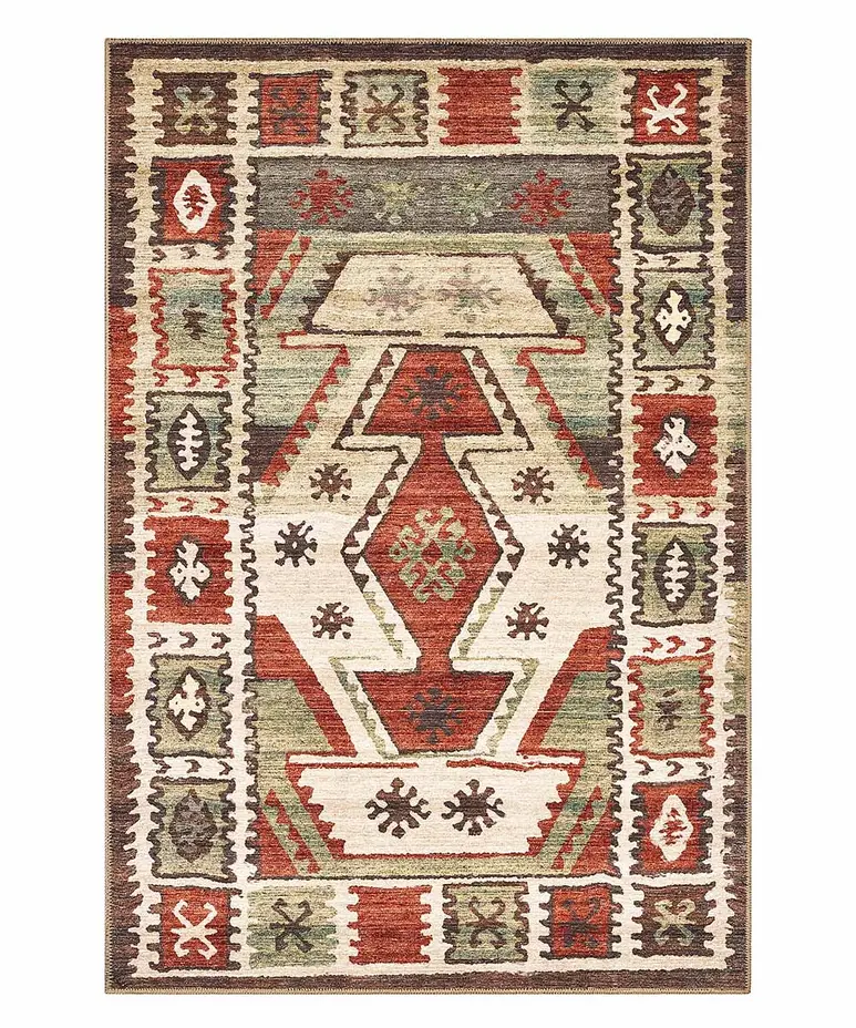 Tappeto Anatolia Kilim 04 stile kilim vintage con grande medaglione centrale e bordi decorati in rosso, ocra e verde salvia, antiscivolo e lavabile