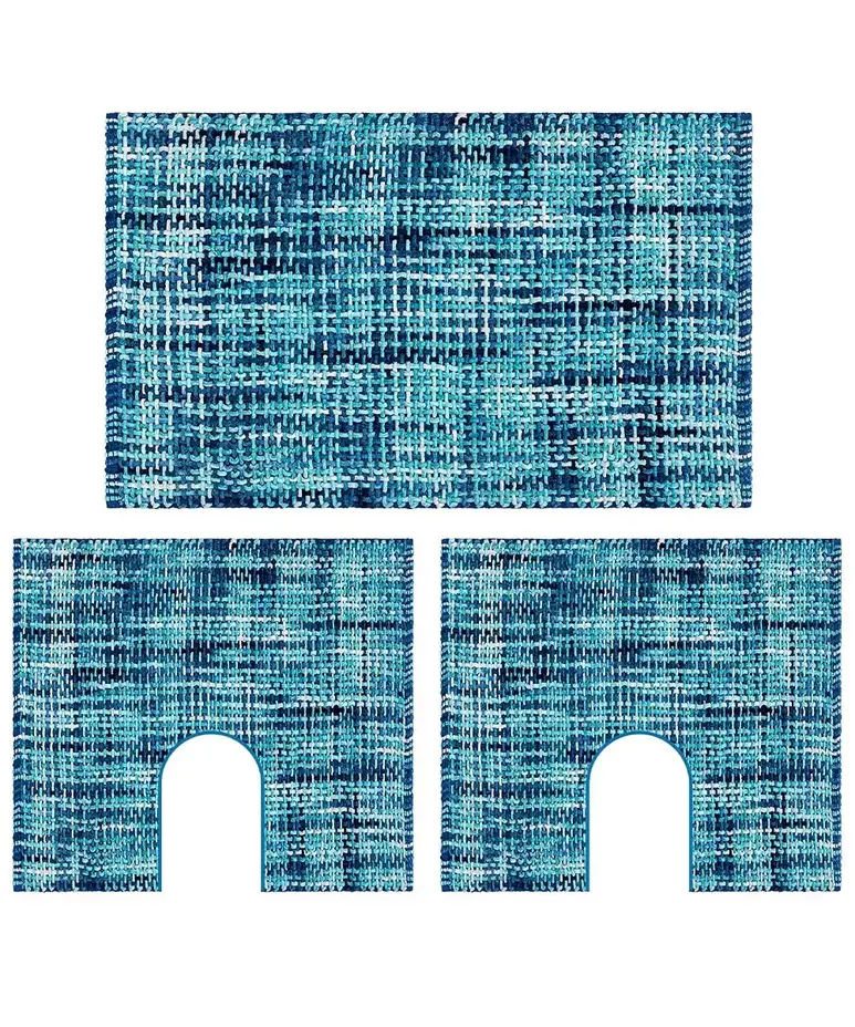 Parure bagno Crazy Blu 3 pezzi: tappeto centrale e due sagomati per WC e bidet