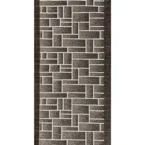 Tappeto passatoia Domino Fango marrone con disegno geometrico a mattoni e bordo scuro, antiscivolo e lavabile