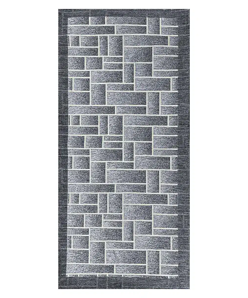Tappeto passatoia Domino Grigio con disegno geometrico a mattoni grigio e bordo scuro, antiscivolo e lavabile