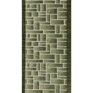 Tappeto passatoia Domino Verde con disegno geometrico a mattoni verde oliva e bordo scuro, antiscivolo e lavabile
