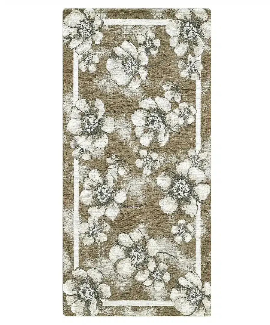 Tappeto floreale Emily Fango in chenille jacquard marrone-oliva con fiori bianchi, antiscivolo e lavabile