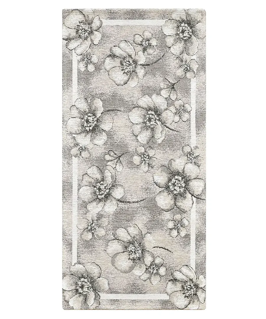 Tappeto floreale Emily Grigio in chenille jacquard grigio perla con fiori bianchi, antiscivolo e lavabile