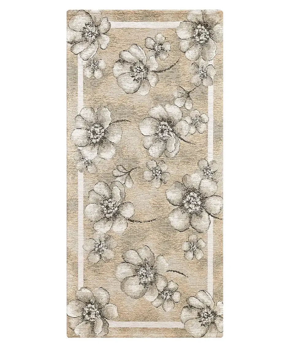 Tappeto floreale Emily Tortora in chenille jacquard tortora sabbia con fiori bianchi, antiscivolo e lavabile