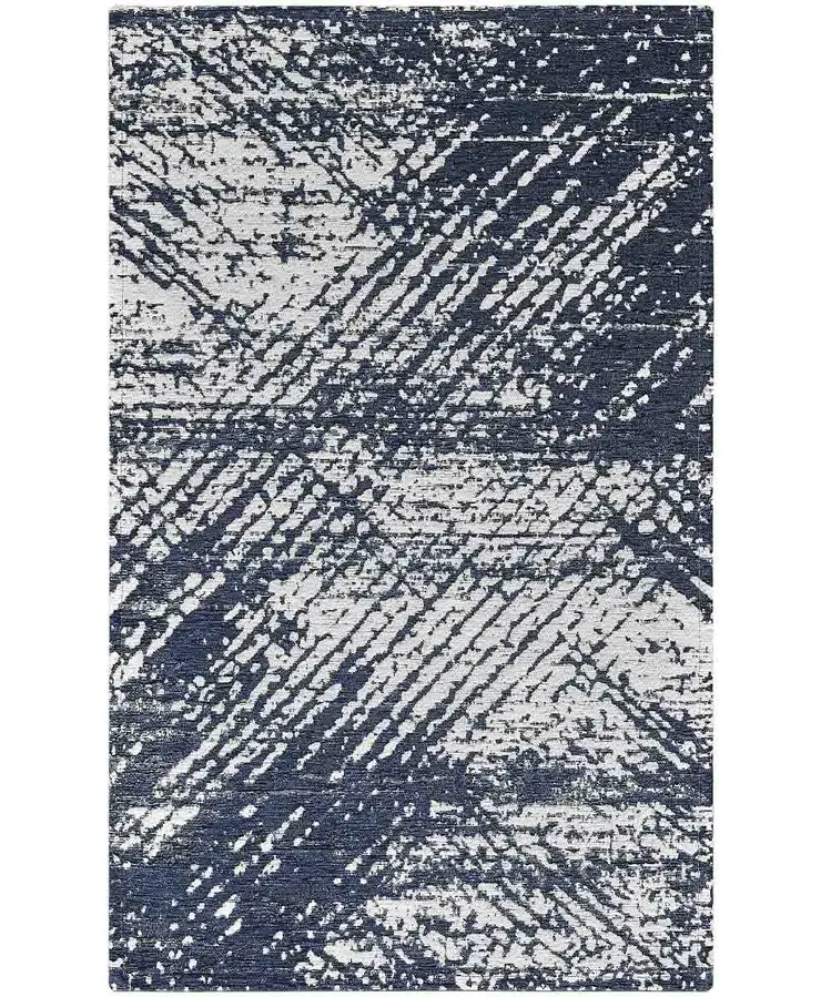 Tappeto moderno astratto Essenza Blu in chenille jacquard blu notte e avorio, antiscivolo e lavabile
