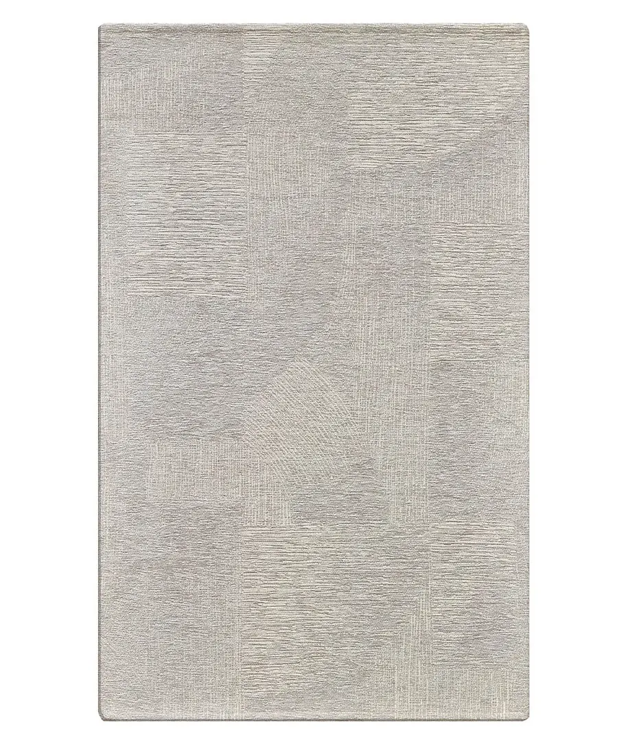 Tappeto moderno geometrico Graffio Sabbia in chenille jacquard sabbia e grigio perla, antiscivolo e lavabile