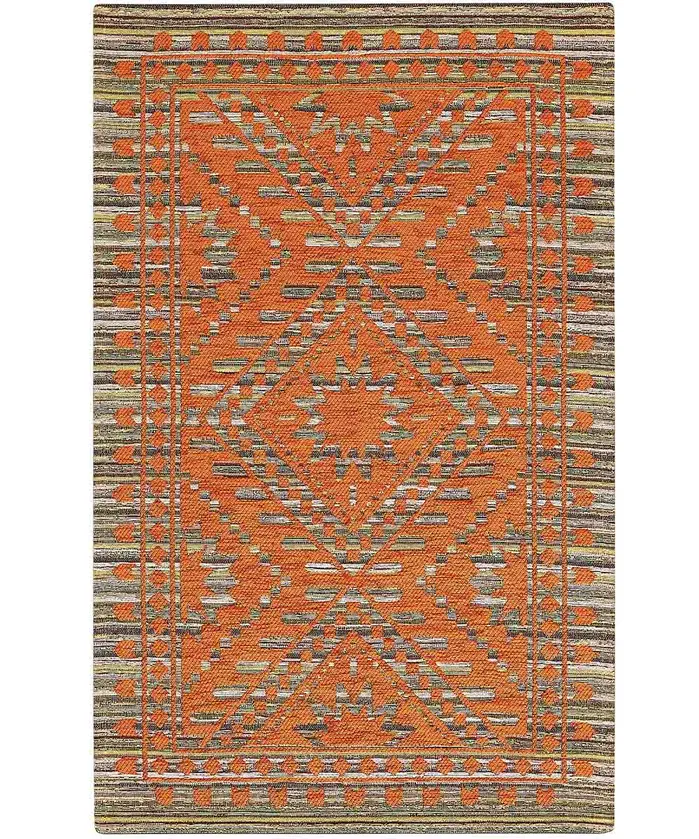 Tappeto etnico kilim Kenya Arancione in chenille jacquard arancione bruciato, antiscivolo e lavabile