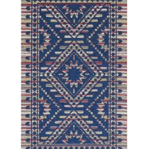 Tappeto etnico kilim Kenya Blu in chenille jacquard blu cobalto, antiscivolo e lavabile