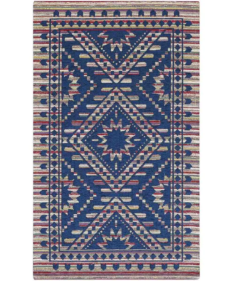 Tappeto etnico kilim Kenya Blu in chenille jacquard blu cobalto, antiscivolo e lavabile