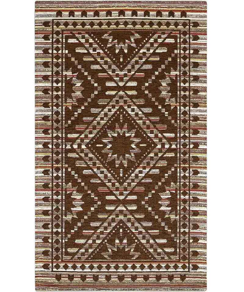 Tappeto etnico kilim Kenya Marrone in chenille jacquard marrone cioccolato, antiscivolo e lavabile