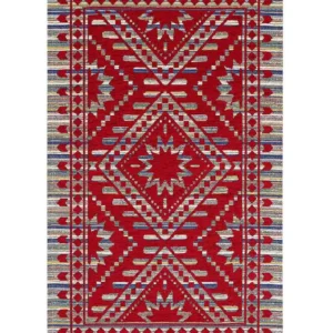 Tappeto etnico kilim Kenya Rosso in chenille jacquard rosso vivo, antiscivolo e lavabile