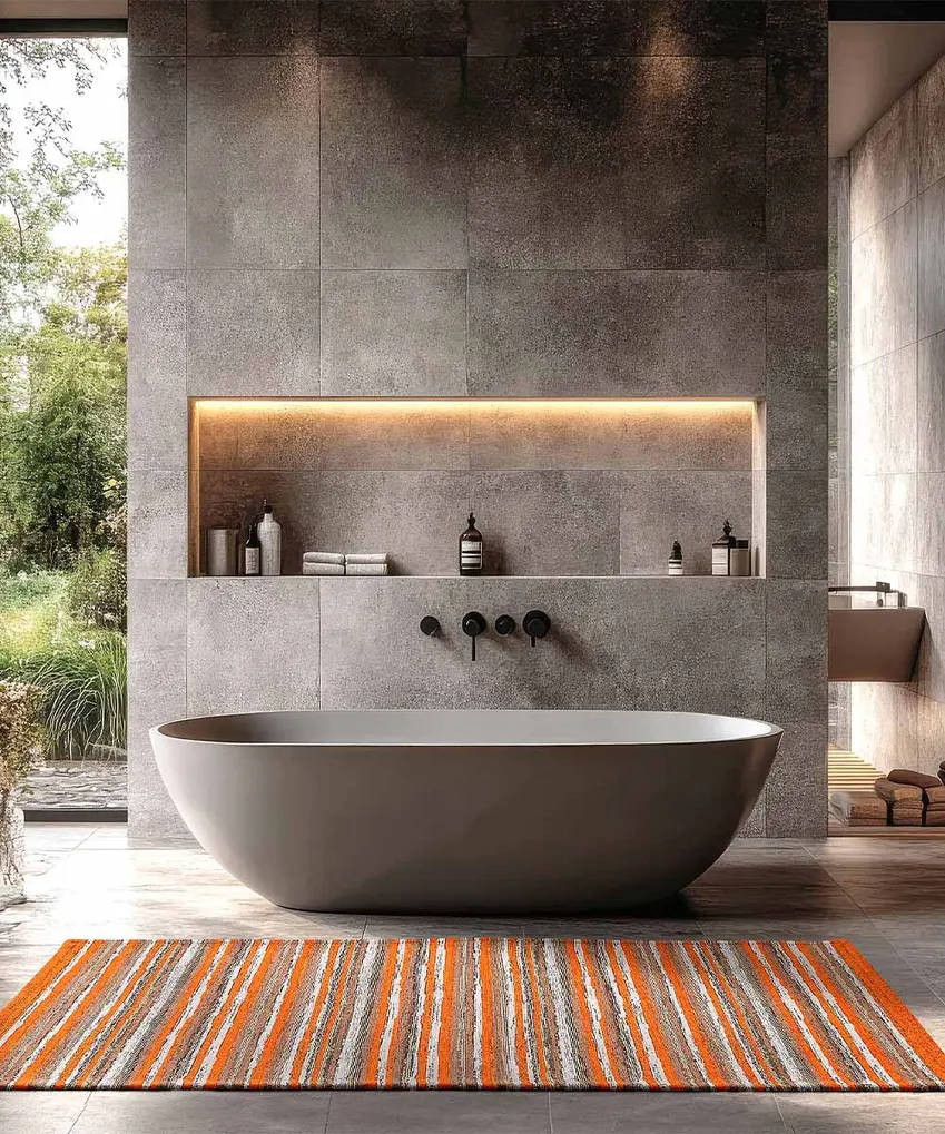 Passatoia a righe Laos Arancione antiscivolo in un bagno moderno accanto alla vasca
