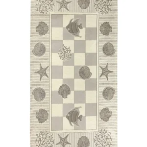 Tappeto bagno Marino Beige con pesci, conchiglie e stelle marine a scacchi, antiscivolo e lavabile