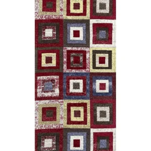 Tappeto Quadri Rosso moderno con quadrati geometrici colorati, antiscivolo e lavabile