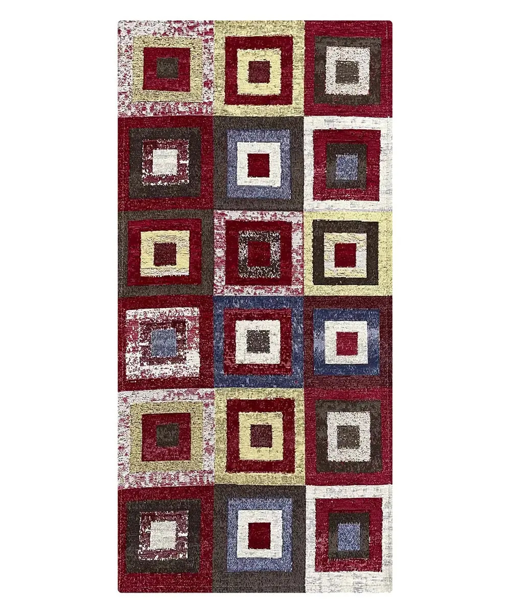 Tappeto Quadri Rosso moderno con quadrati geometrici colorati, antiscivolo e lavabile