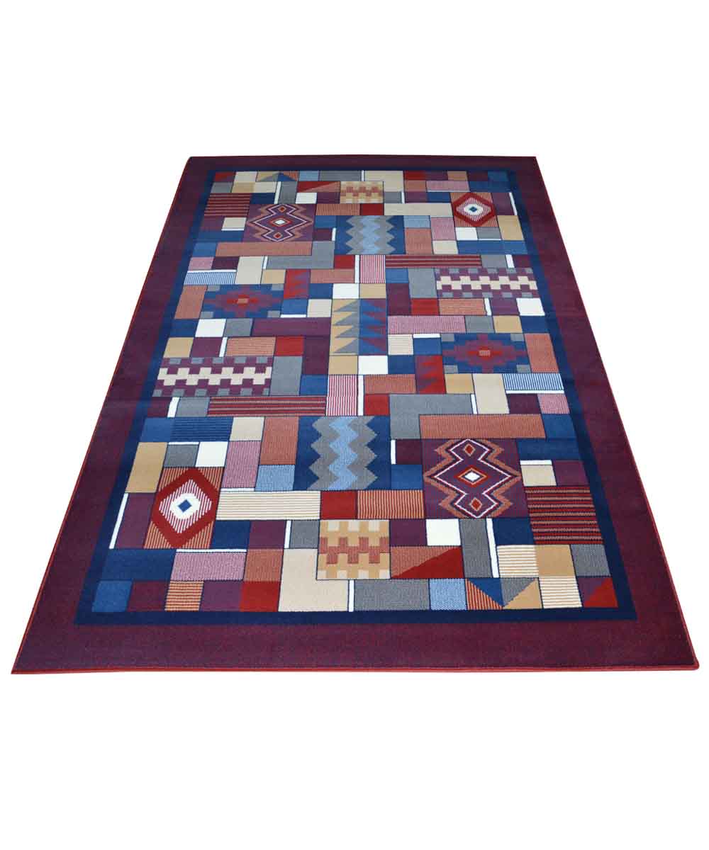 Tappeto Royal Gamma 2064 rosso in prospettiva: disegno geometrico patchwork e bordo bordeaux