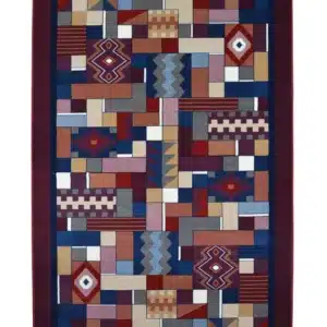 Tappeto moderno geometrico Royal Gamma 2064 rosso con motivo patchwork multicolore e bordo bordeaux