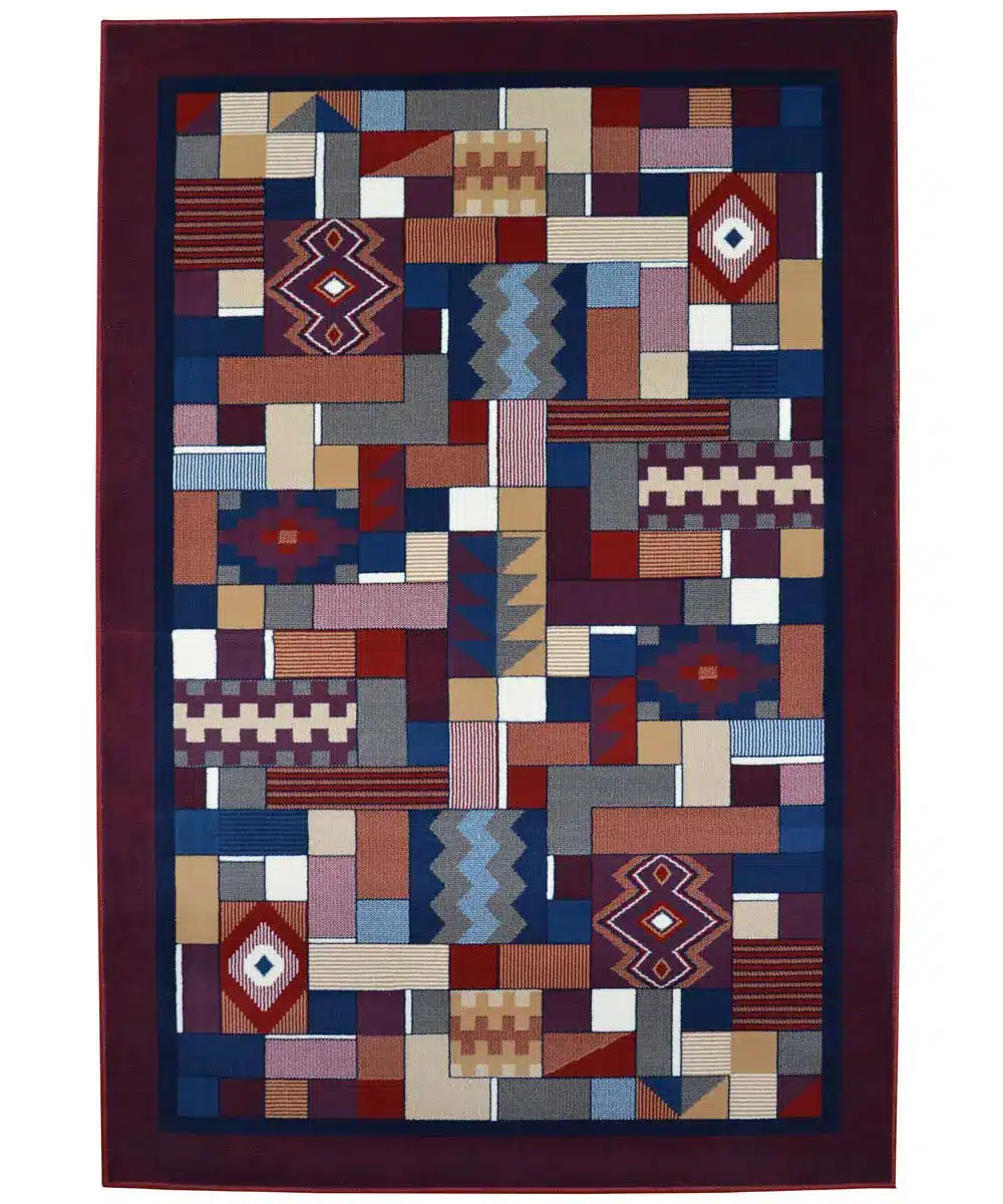 Tappeto moderno geometrico Royal Gamma 2064 rosso con motivo patchwork multicolore e bordo bordeaux