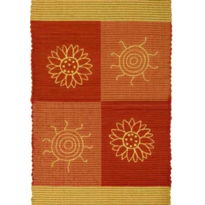 Tappeto Summer Arancione in 100% cotone tessuto a mano con soli e fiori a punto catenella