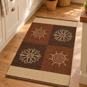 Tappeto Summer Marrone in 100% cotone tessuto a mano con soli e fiori a punto catenella