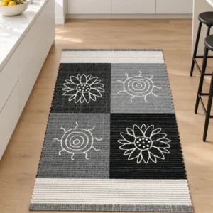 Tappeto Summer Grigio in 100% cotone tessuto a mano con soli e fiori a punto catenella