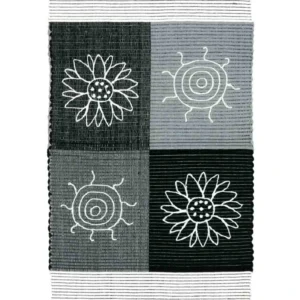 Tappeto Summer Grigio in 100% cotone tessuto a mano con soli e fiori a punto catenella