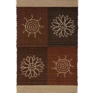Tappeto Summer Marrone in 100% cotone tessuto a mano con soli e fiori a punto catenella