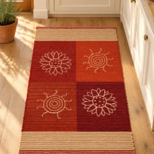 Tappeto Summer Rosso in 100% cotone tessuto a mano con soli e fiori a punto catenella