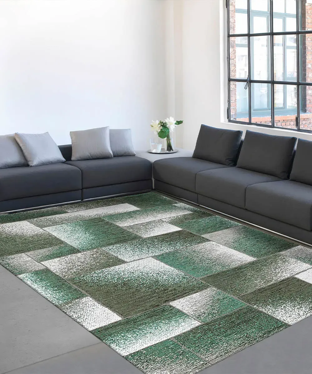 Tappeto geometrico Tetrix Verde antiscivolo in un soggiorno moderno
