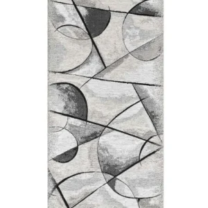 Passatoia Universo Grigio con disegno astratto di stelle e pianeti in chenille jacquard, antiscivolo e lavabile