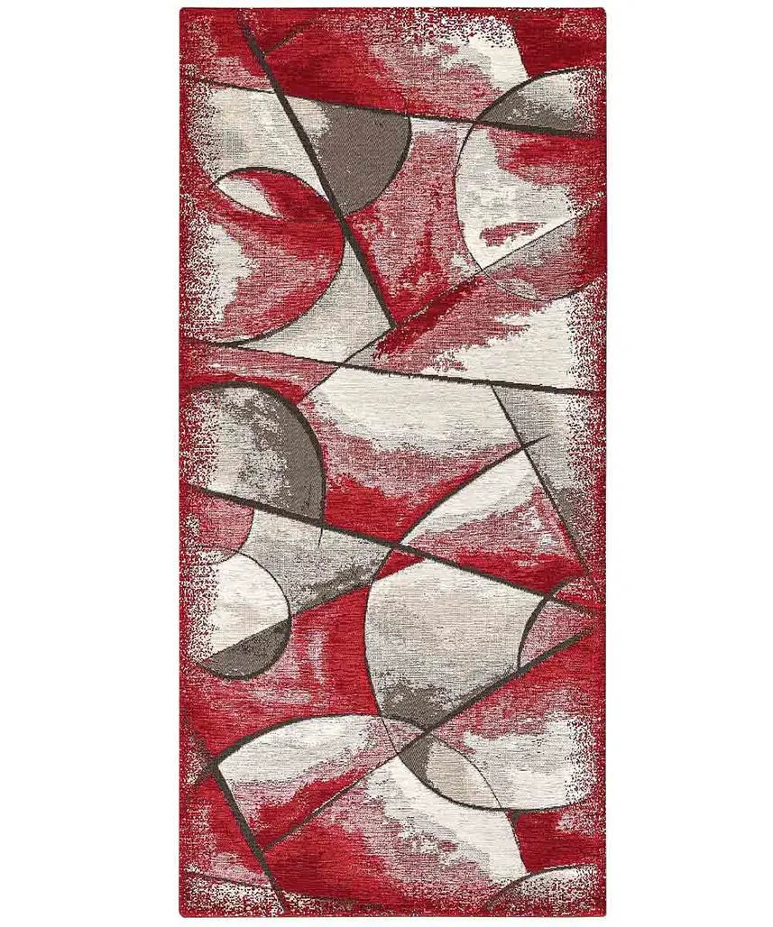 Passatoia Universo Rosso con disegno astratto di stelle e pianeti in chenille jacquard, antiscivolo e lavabile