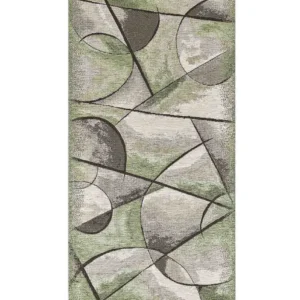 Passatoia Universo Verde con disegno astratto di stelle e pianeti in chenille jacquard, antiscivolo e lavabile