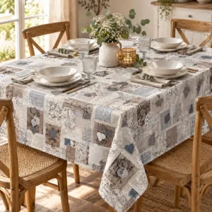 Tovaglia Miros patchwork cuori tortora 140x180 cm su tavolo rettangolare 4 posti