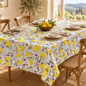 Tovaglia a fantasia limoni e olive 100% cotone 140x240 cm su tavolo rettangolare per 6 persone