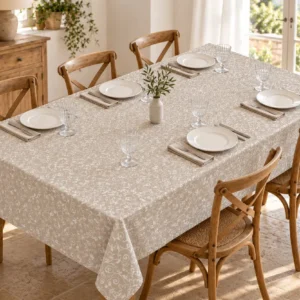 Tovaglia Miros beige con arabeschi bianchi 140x240 cm su tavolo rettangolare apparecchiato per 6 persone