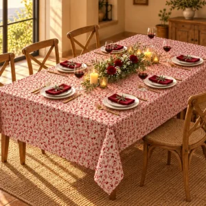 Tovaglia Miros arabeschi rossi su fondo beige 140x240 cm su tavolo rettangolare apparecchiato per 6 persone