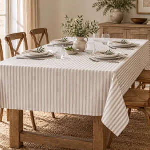 Tovaglia Miros a bastoncini beige 140x240 cm su tavolo rettangolare per 6 persone