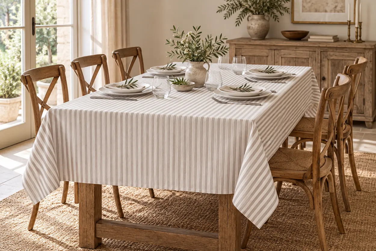 Tovaglia Miros a bastoncini beige 140x240 cm su tavolo rettangolare per 6 persone