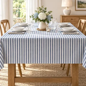 Tovaglia Miros a bastoncini blu 140x240 cm su tavolo rettangolare per 6 persone
